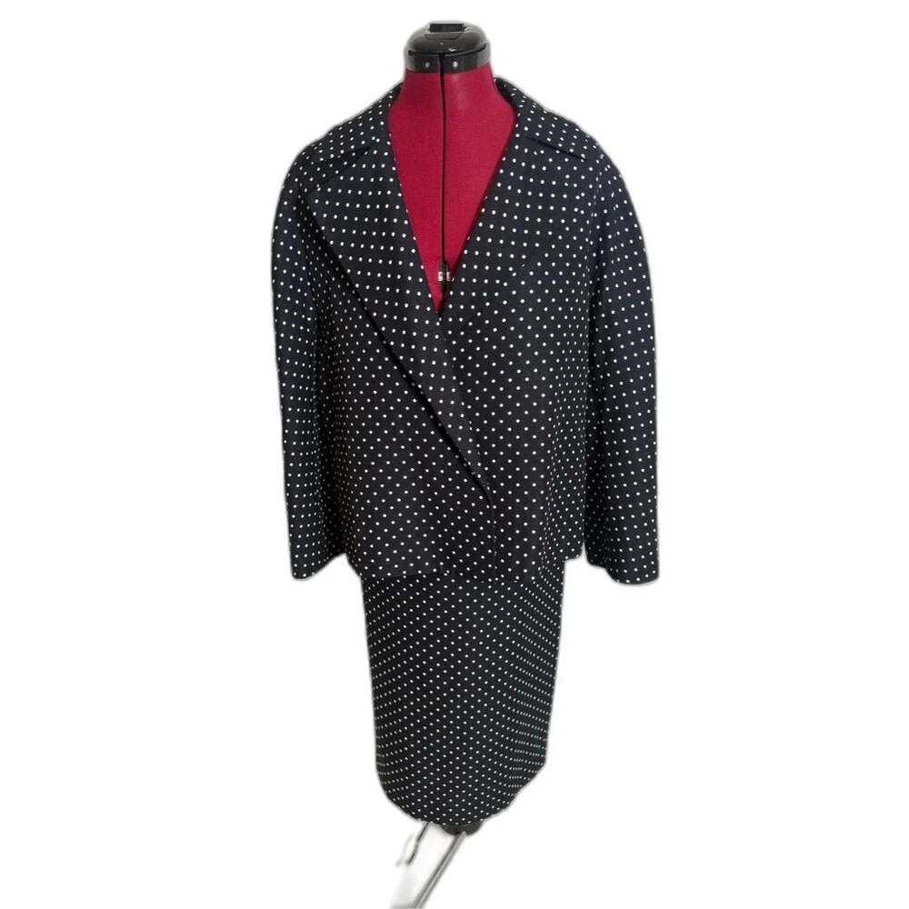 Kasper Skirt Suit Size 14 Navy Blue & White Polka-Dot 2-Piece Set Blazer & Skirt